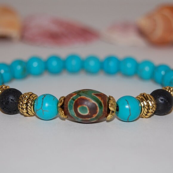 Turquoise Bracelet,Golden Charms,Good Luck Bracelet - Picture 1 of 2